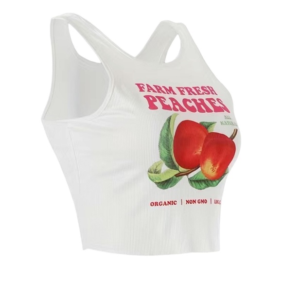 🍑 FARM FRESH PEACHES White Crop Top Tee Women’s NEW - Picture 2 of 3